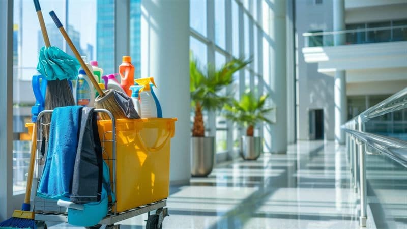 Carro con productos y útiles de Limpiezas Noya, empresa de limpieza en Ribadumia