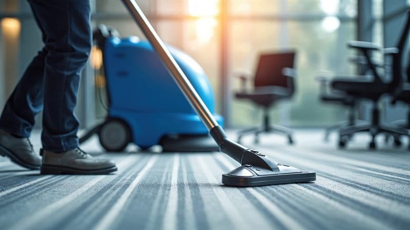 Empresa de limpieza en O Salnés aspirando la moqueta de una oficina