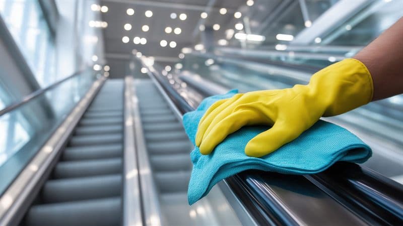 Servicios de limpieza en O Salnés: limpieza del pasamanos de una escalera mecánica
